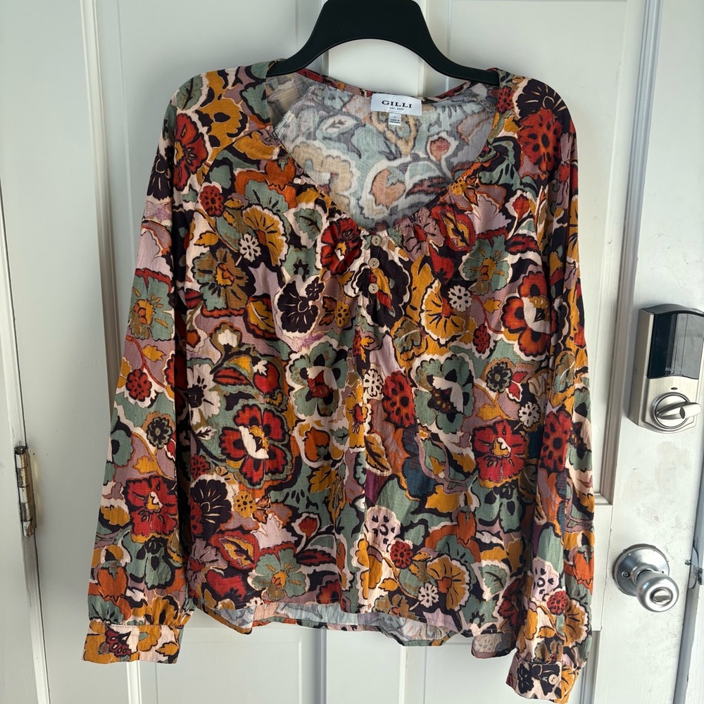 (3/$25) GILLI Boutique Vibrant Floral Long Sleeve Blouse Size L